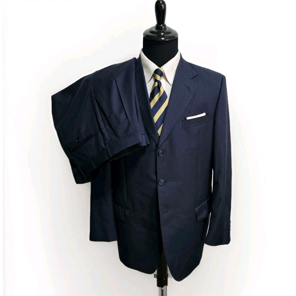 Ermenegildo Zegna Suit Mens 44L Pants 38x32 Navy Blue Tropical 3 Button Pleated
